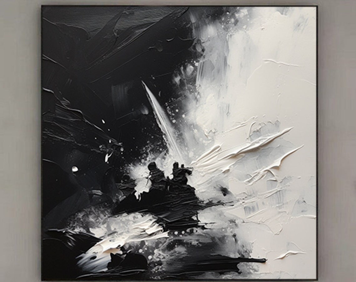 Dramatic Black White Impasto Texture Square Burst Art Poster