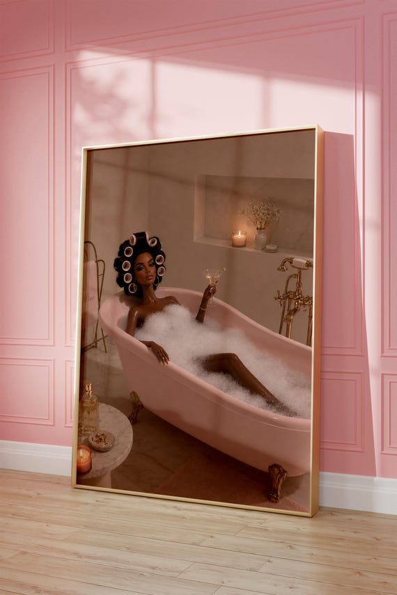Black Doll Bath Art Print Martini Bubble Poster Glamorous Bathroom Wall Decor