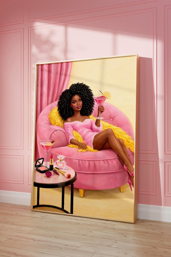 Glamorous Doll Lounging Pink Chaise Cocktail Martini Art Poster