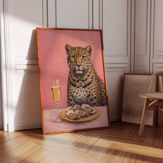 Funny Leopard Wall Art Champagne And Oysters Print Pink Kitchen Decor
