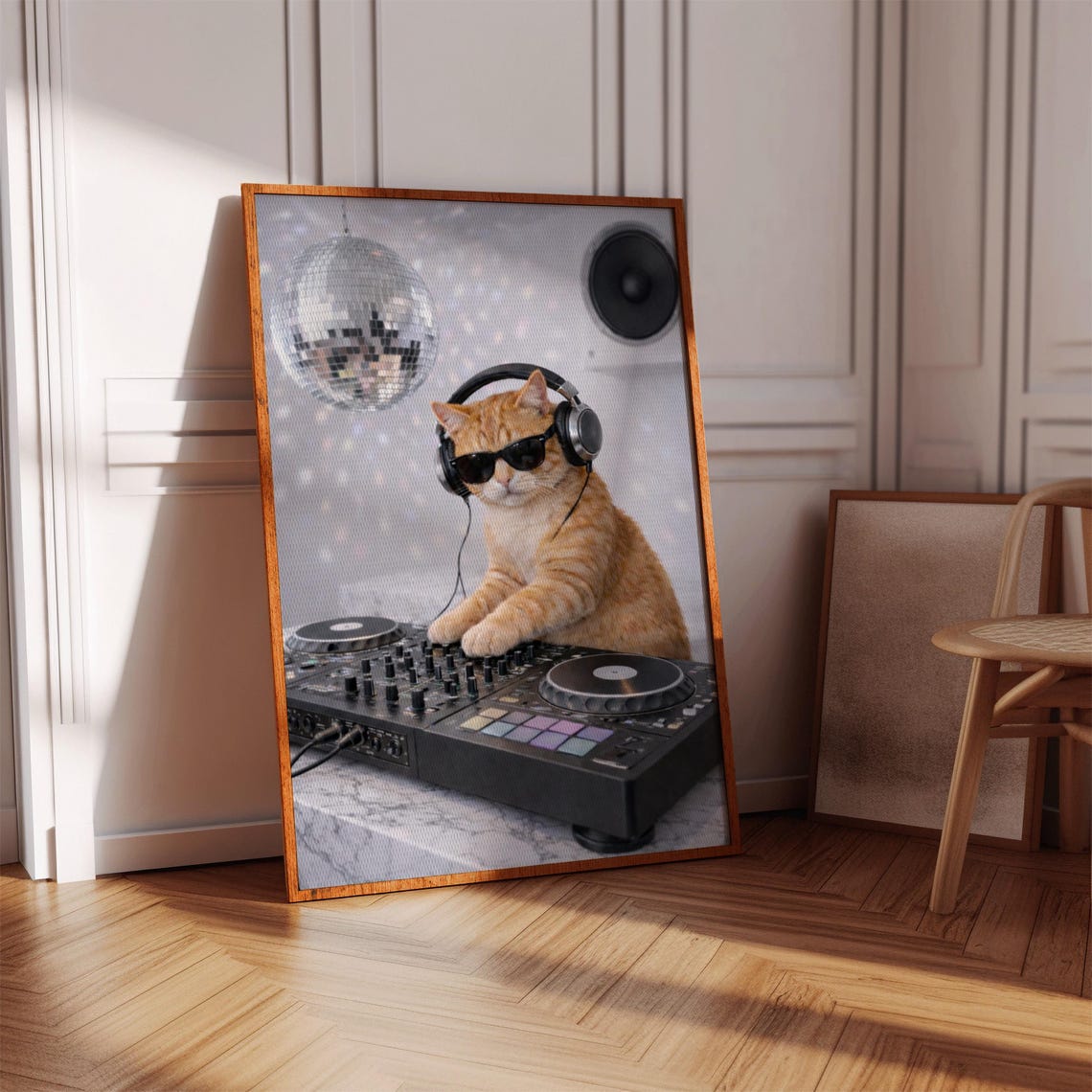 Dj Cat Wall Print Disco Ball Poster Music Lover Gift Party Room Photo