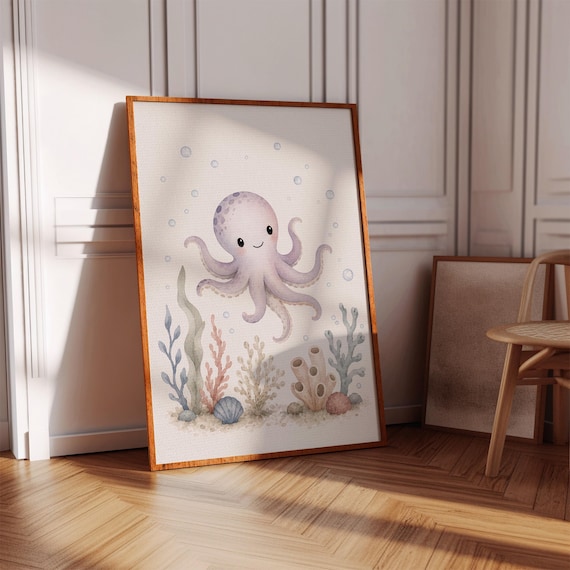 Cute Baby Octopus Watercolor Ocean Sea Life Nursery Bubble Poster