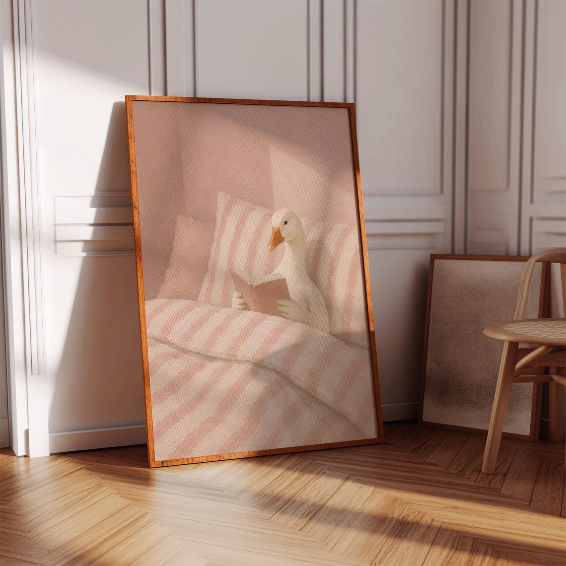 Goose Reading Book in Bed Pink Danish Pastel Cozy Decor Poster