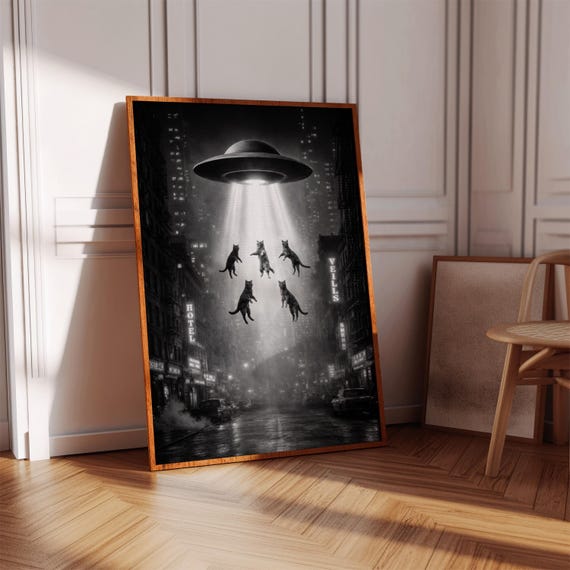 Ufo Cat Abduction Wall Art Printable Black And White Surreal Decor