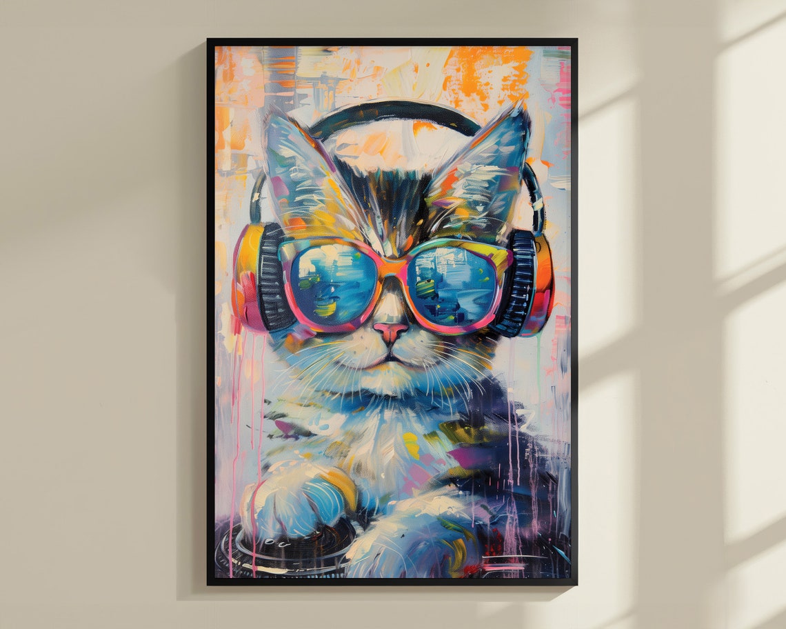 DJ Kitten With Headphones Blue Sunglasses Colorful Music Wall Art - Image 3