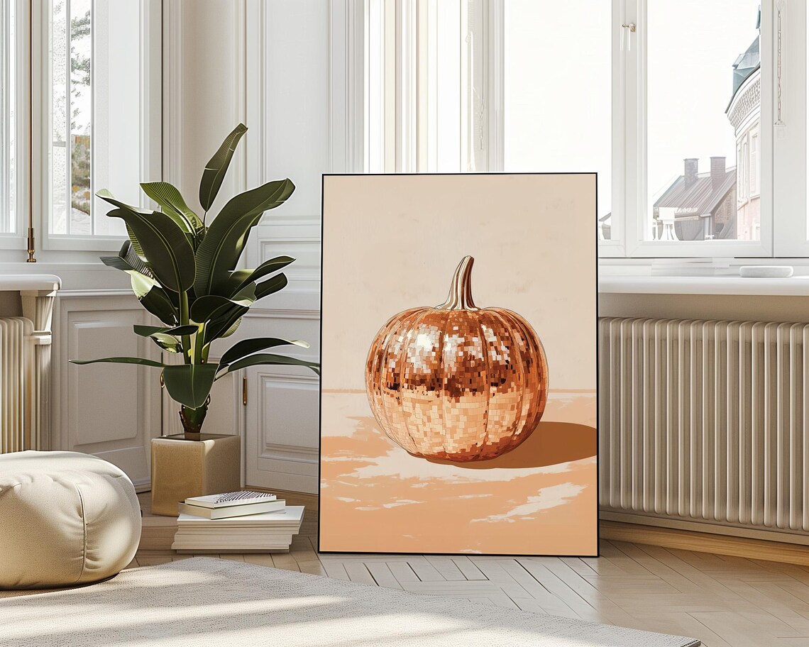 Gold Mirrorball Pumpkin Minimalist Disco Fall Harvest Elegant Shimmer Poster - Image 3