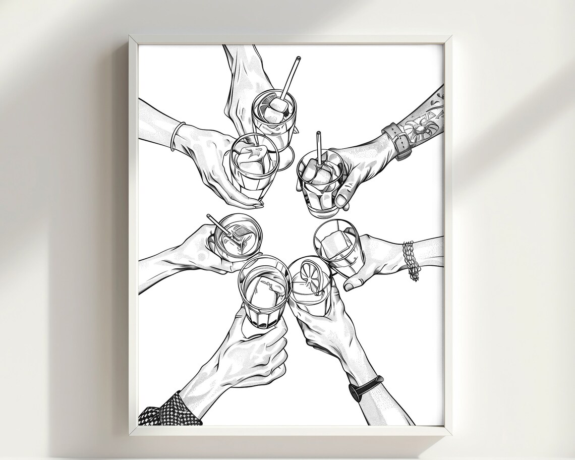 Cheers Hands Cocktail Toast Friends Celebration Sketch Poster - Image 2