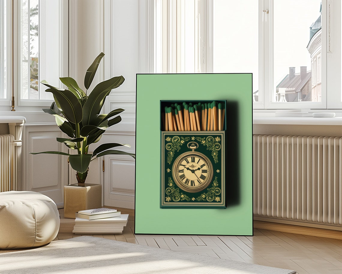 Vintage Pocket Watch Matchbox Retro Green Matchbook Art Poster - Image 4