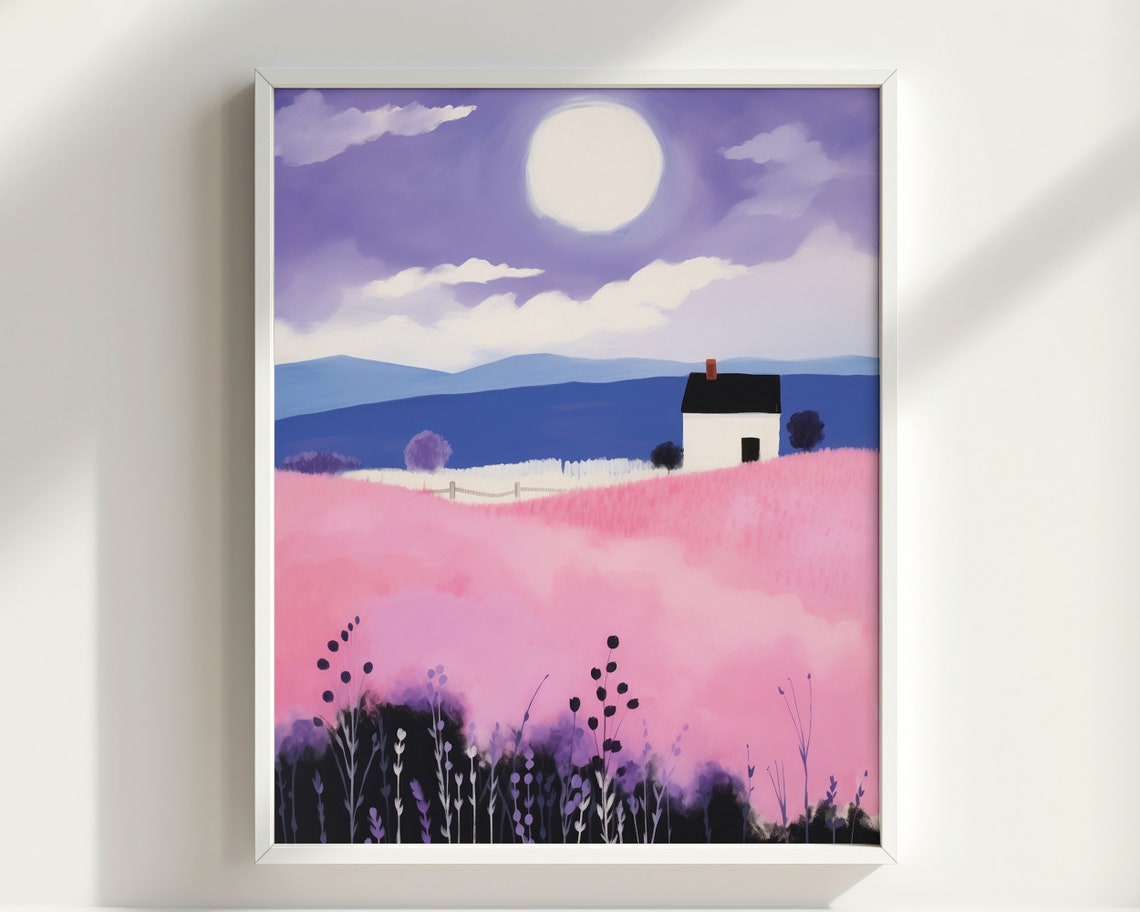 Pink Meadow White Cottage Moonlight Folk Art Landscape Print - Image 2