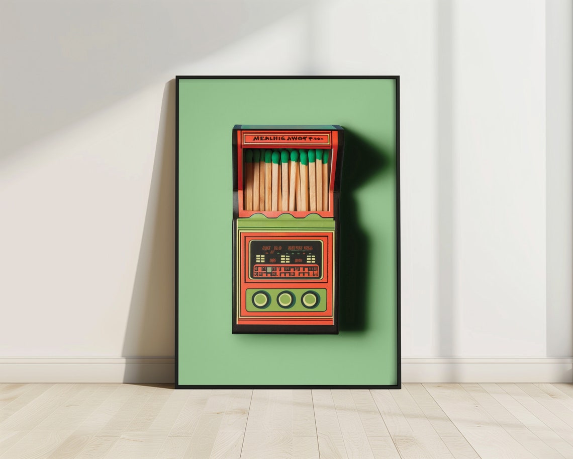 Arcade Machine Matchbox Retro Green Neon Game Cabinet Fun Print