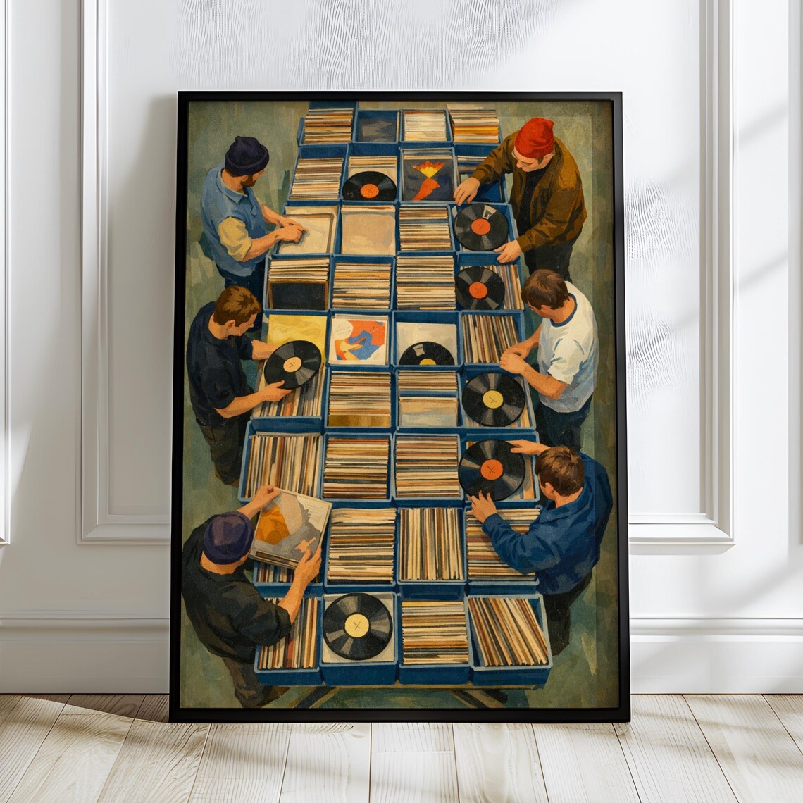 Vinyl Record Crate Digging Collectors Browsing Overhead Painted Music Poster