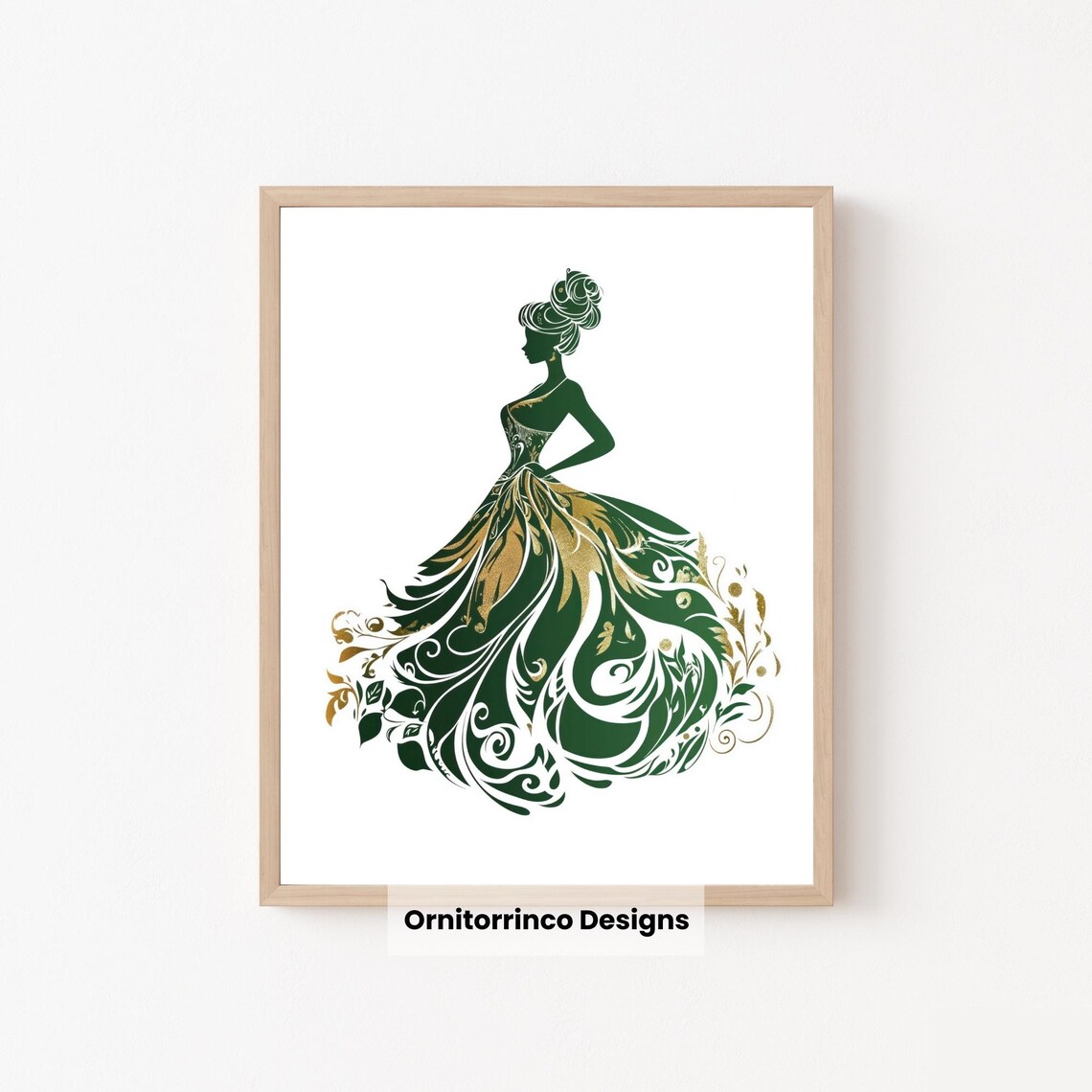 Emerald Green Gold Princess Gown Silhouette Elegant Nursery Poster - Image 2