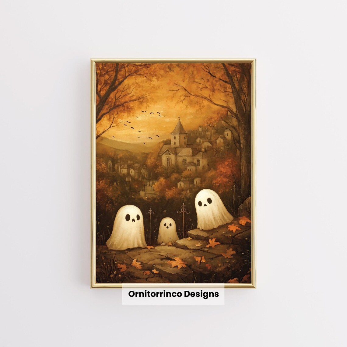 Cute Ghosts Autumn Graveyard Church Spooky Halloween Art Poster