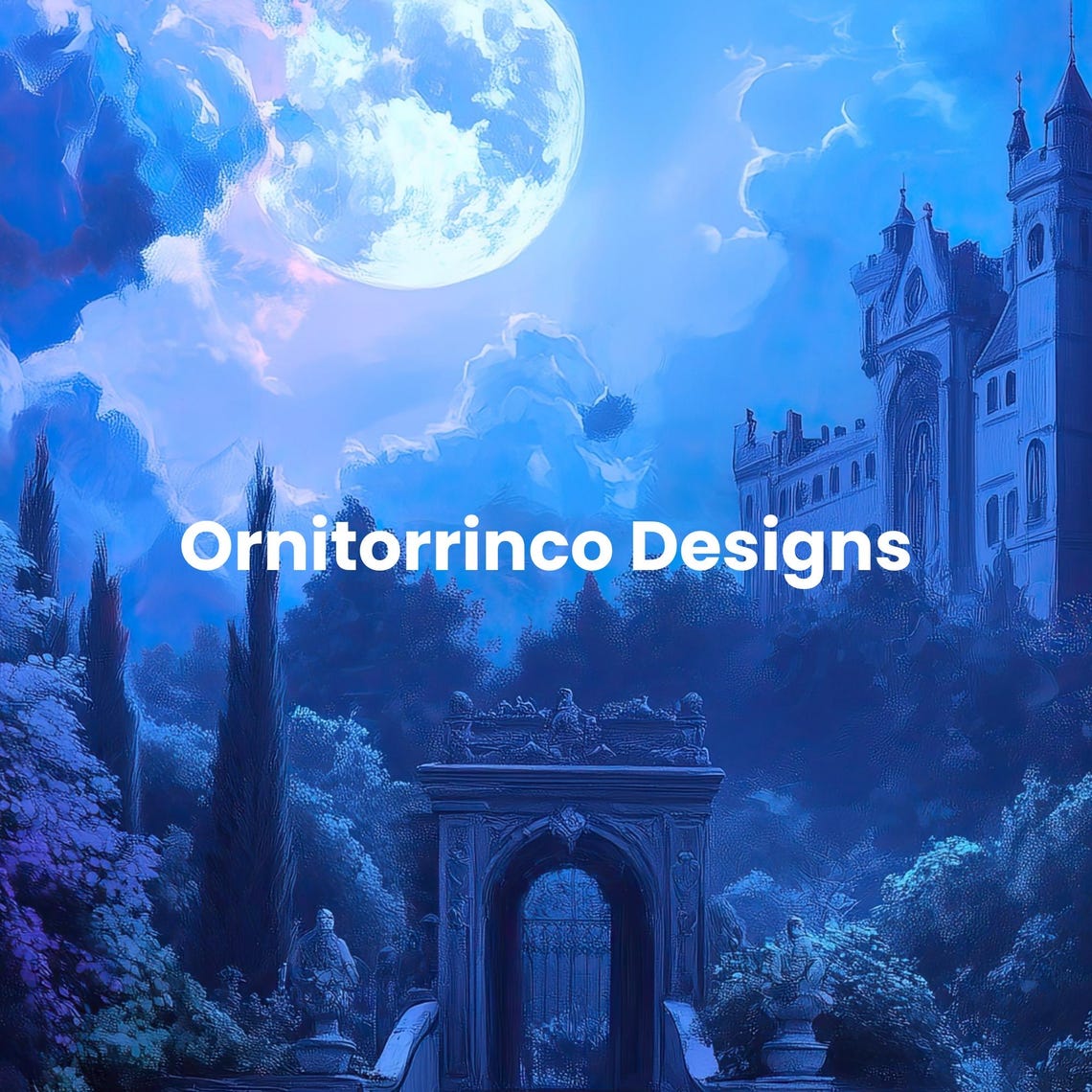 Gothic Castle Full Moon Blue Night Spooky Halloween Wall Art Print