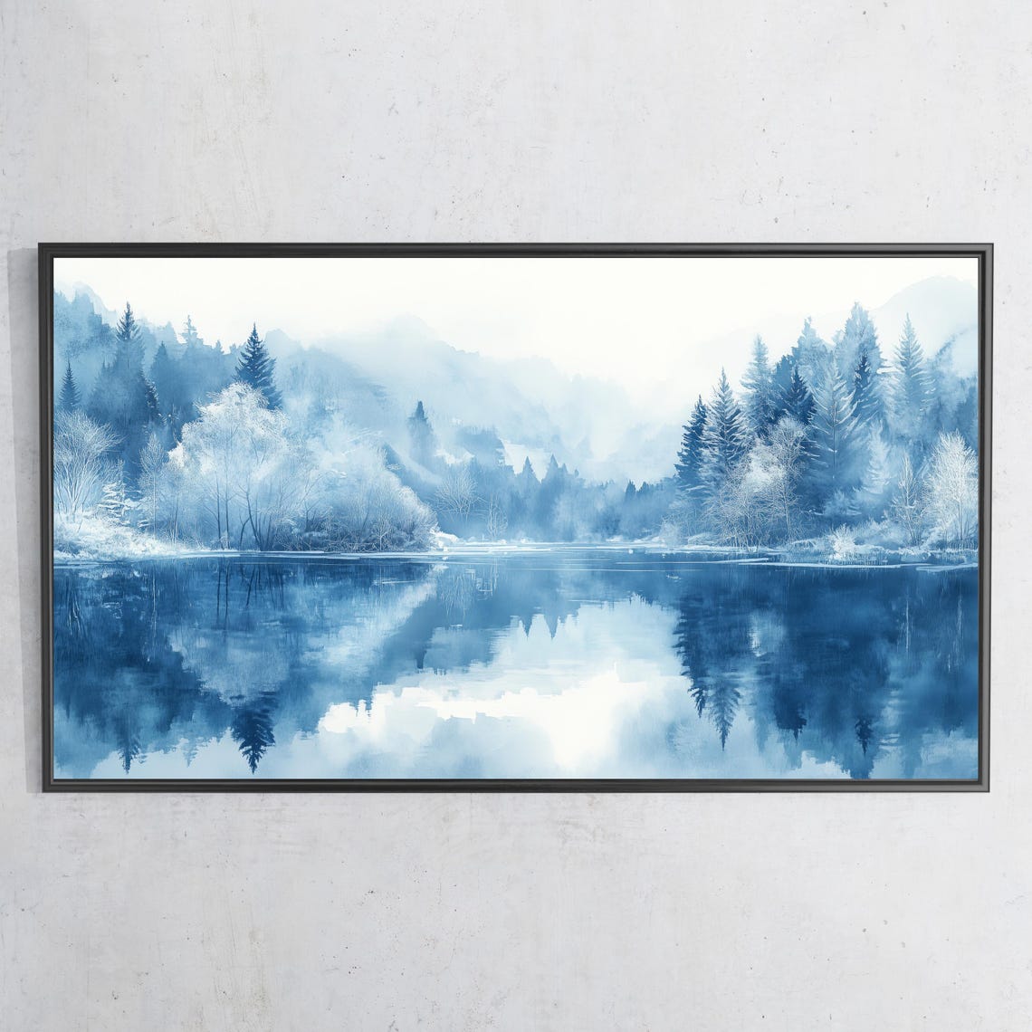 Winter Blue Lake Misty Pine Forest Reflection Watercolor Travel Poster