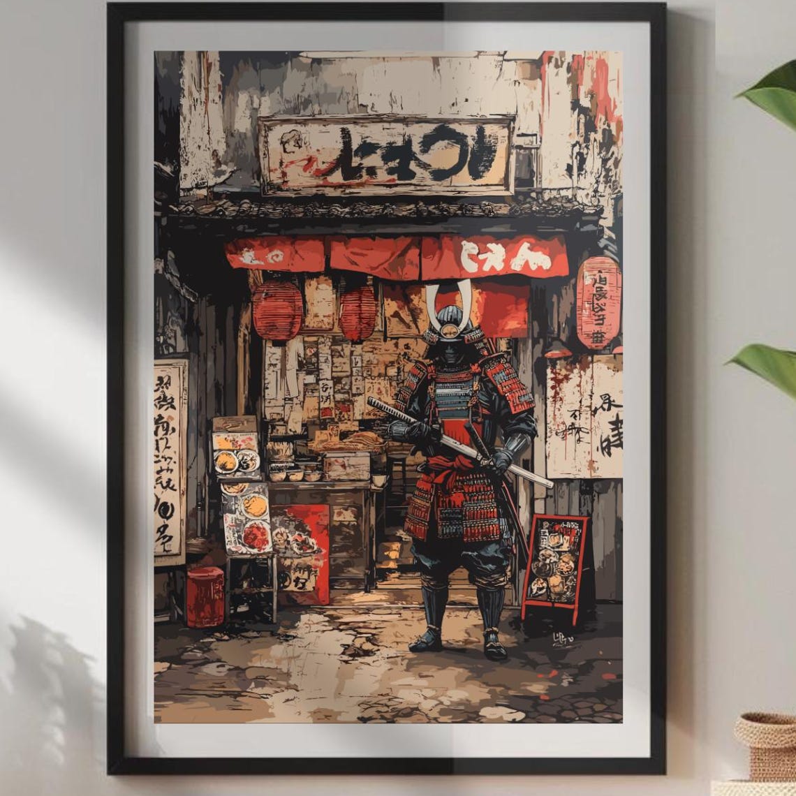 Samurai Warrior Armor Katana Ramen Shop Lanterns Japan Art Poster