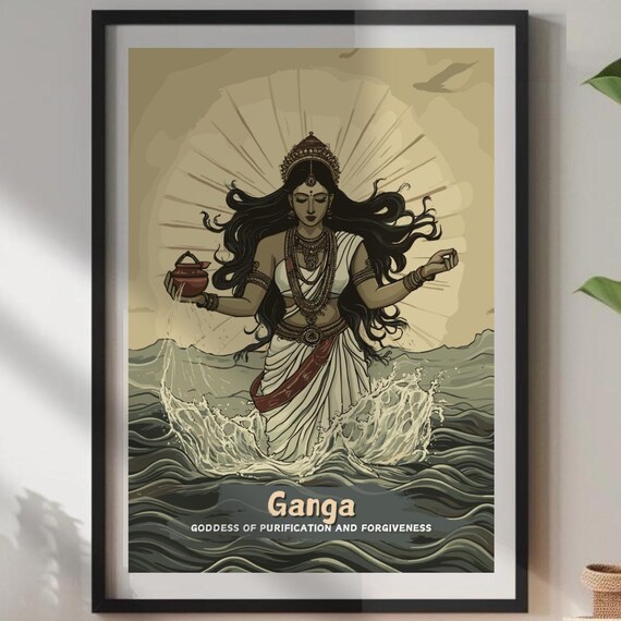 Ganga Print Hindu Goddess Of Purification And Forgiveness Poster Ancient Artwork Mythology Art Spiritual Decor For Home