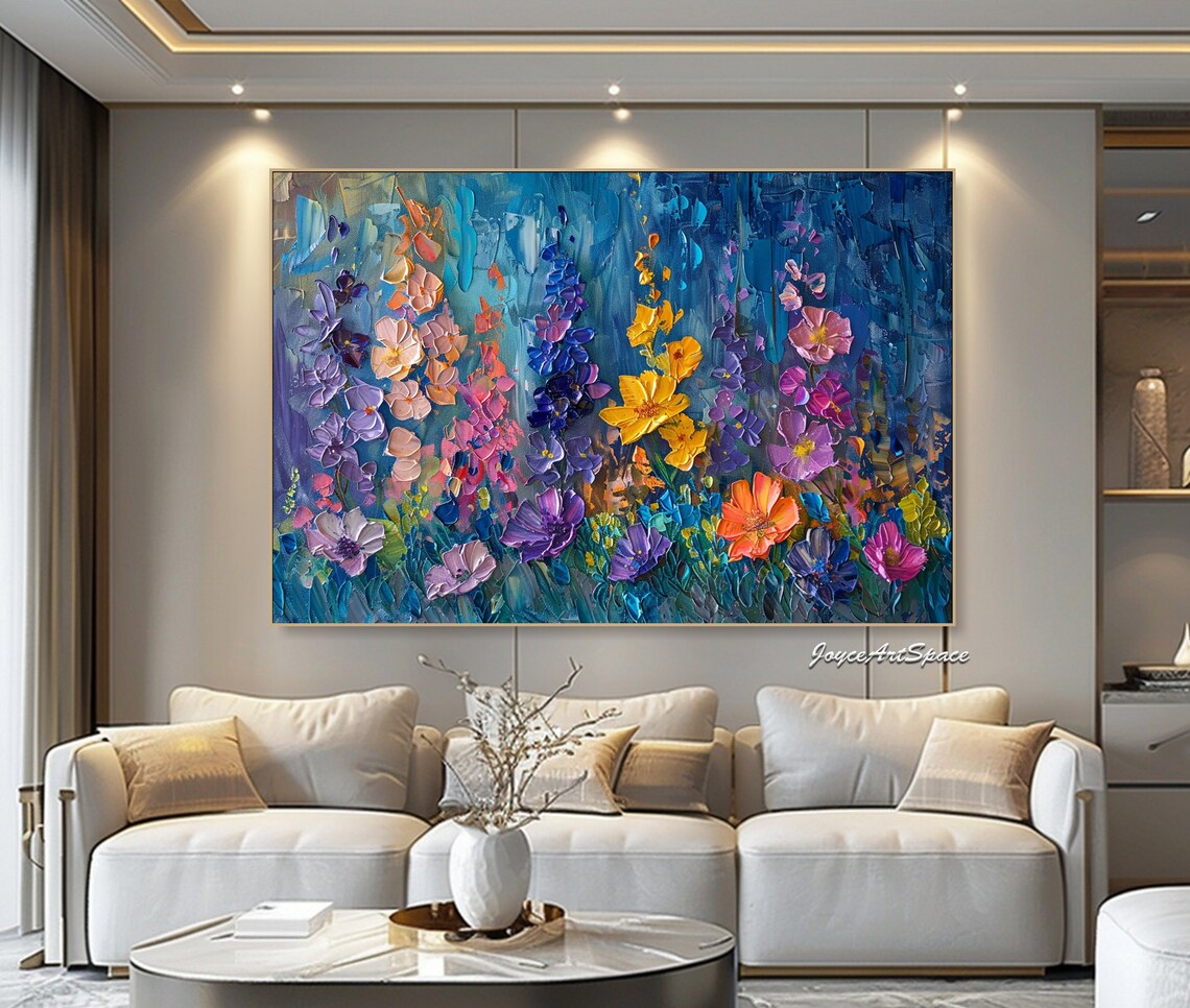 Colorful Wildflowers Deep Blue Textured 3D Floral Oil Painting Poster - Image 2
