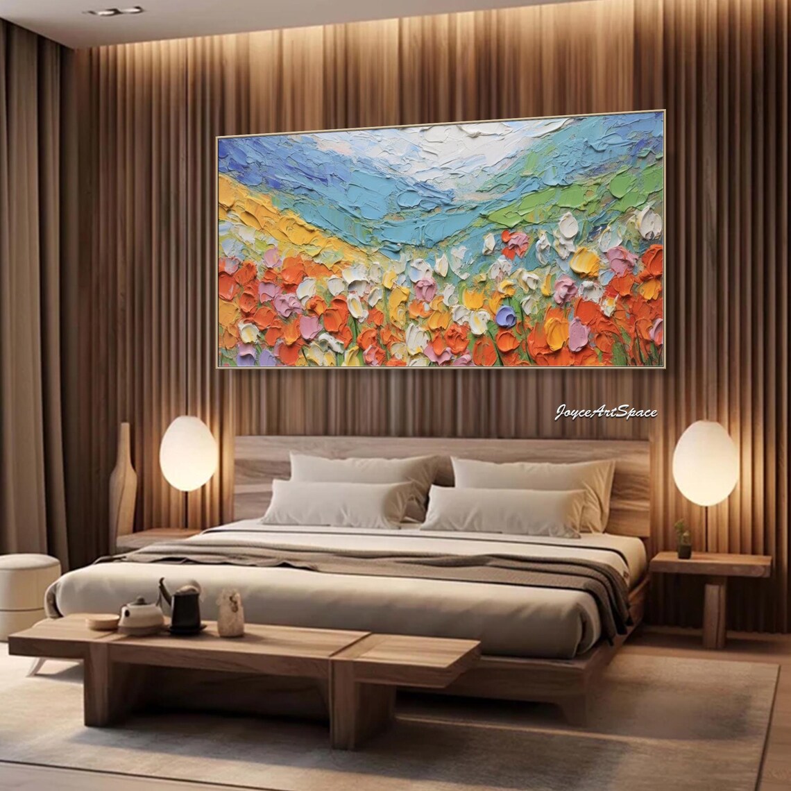 Colorful Wildflower Meadow Blue Sky 3D Impasto Landscape Wall Art - Image 2