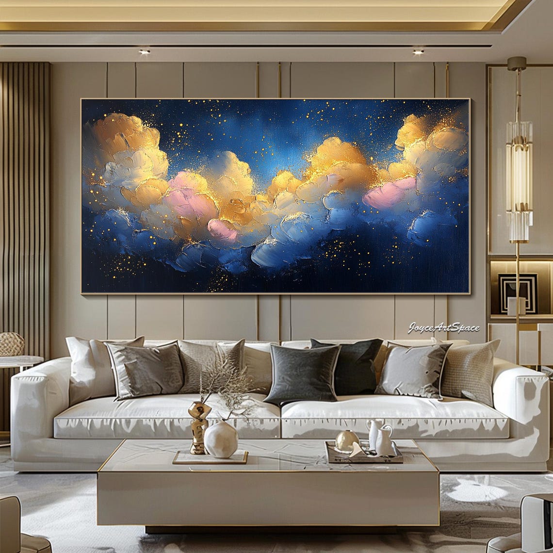 Golden Clouds Night Sky Abstract 3D Textured Impasto Wall Art - Image 3