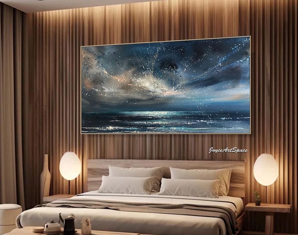 Starry Night Sky Moonlit Ocean Waves Textured 3D Seascape Poster - Image 2