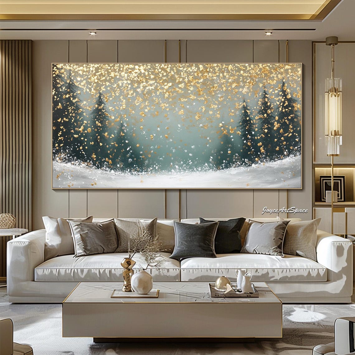Snowy Winter Forest Gold Leaf Abstract Textured Oil Painting Art Print - Image 5