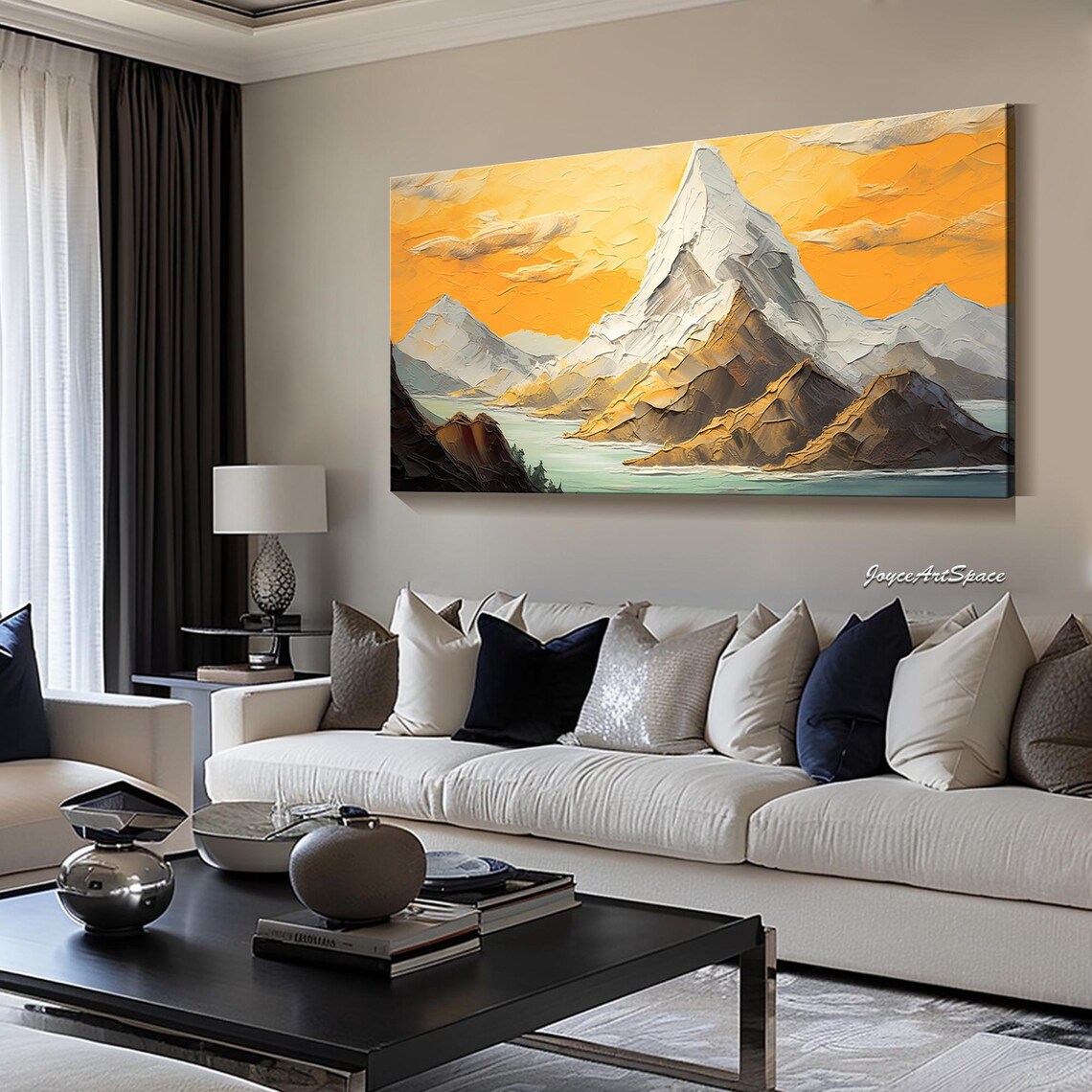Snowcapped Mountain Golden Sunset Lake View 3D Impasto Wall Art - Image 5