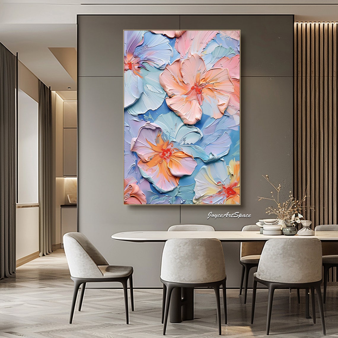 Pastel Soft Hibiscus Flowers 3D Impasto Abstract Floral Wall Art - Image 2