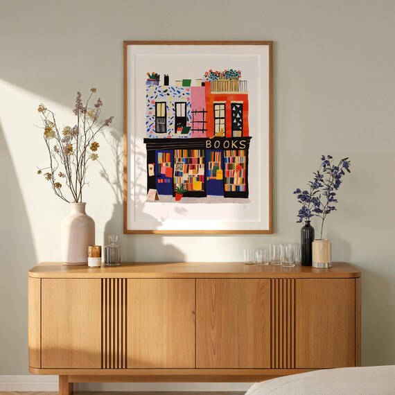 Cozy Colorful Bookstore Front Bookshop Illustration Art Print