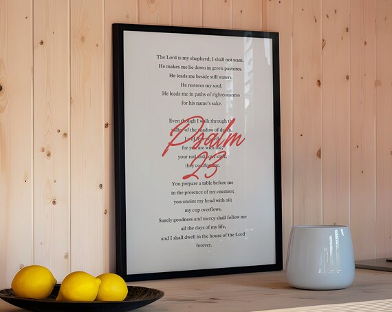 Psalm 23 Full Chapter Bible Verse Red Script Modern Christian Faith Poster
