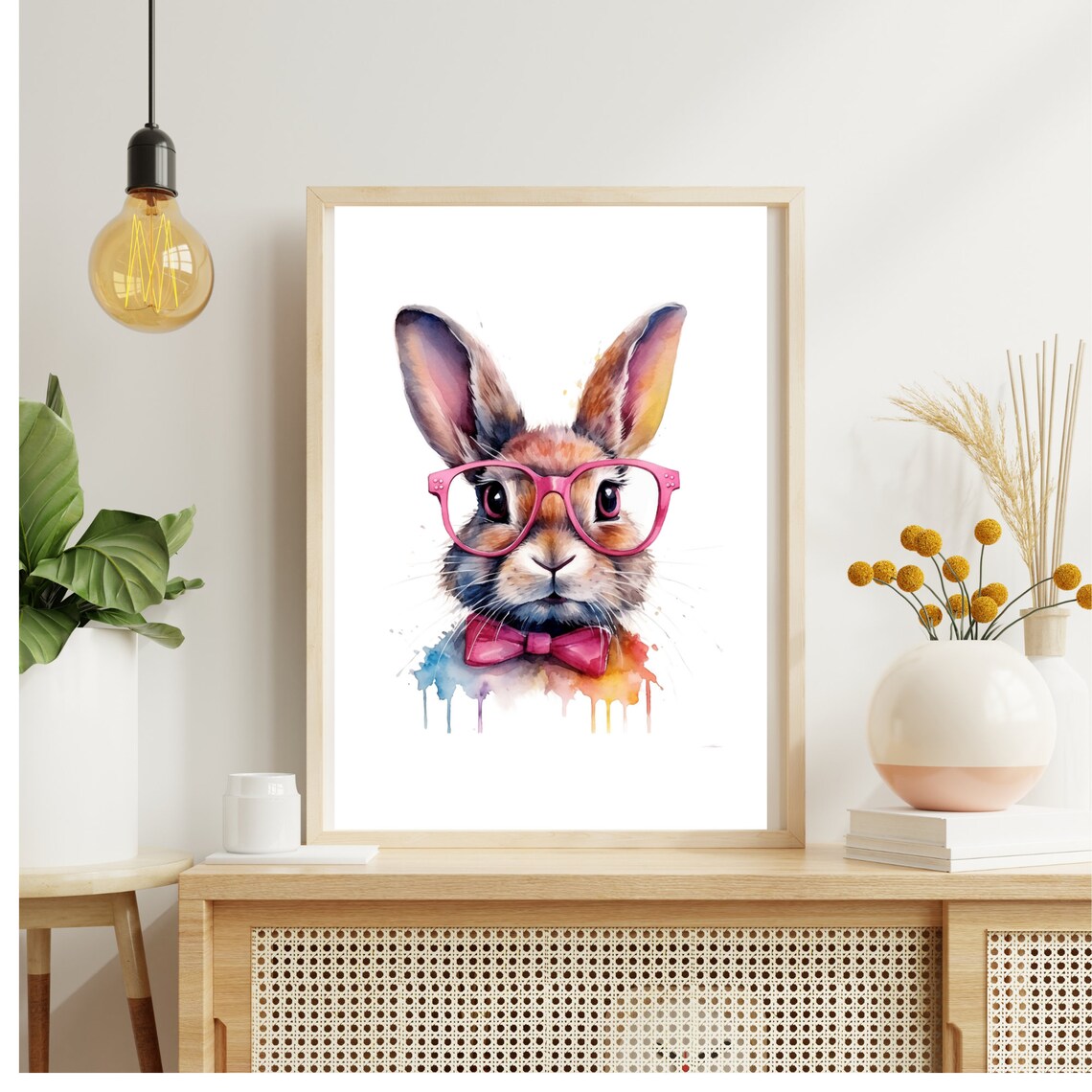 Rabbit With Pink Glasses, Watercolor Painting - Image 2