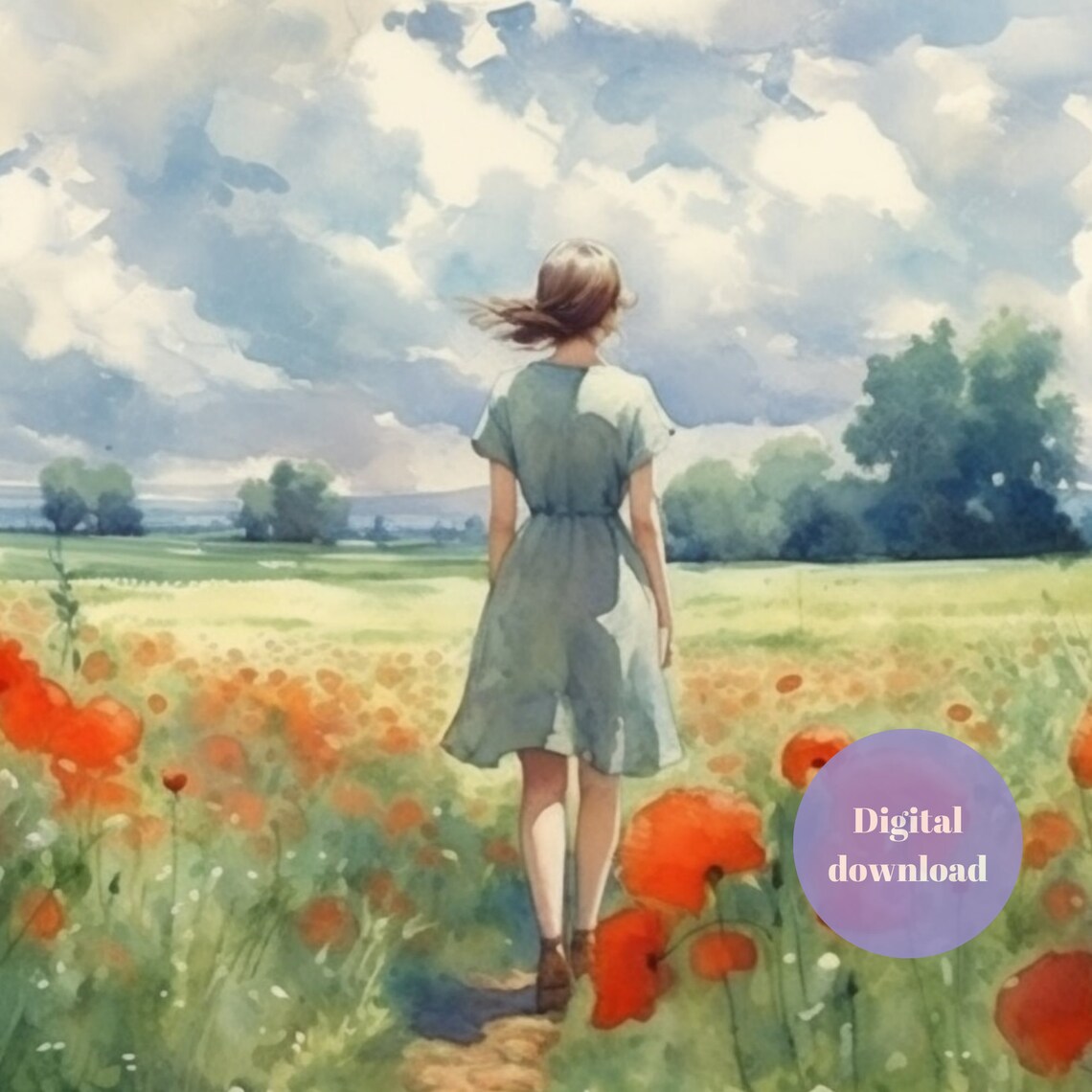 Poppies Field Landscape, Botanical Art Print