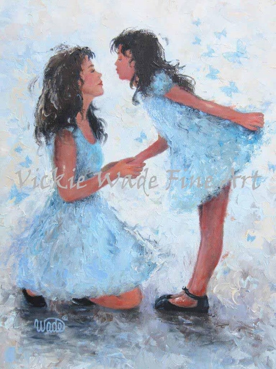 Mother Daughter Original Painting 12x16 Brunette Girl Mothers Day Gift Butterfly Kisses Girls Room Wall Art Blue Art Vickie Wade Art