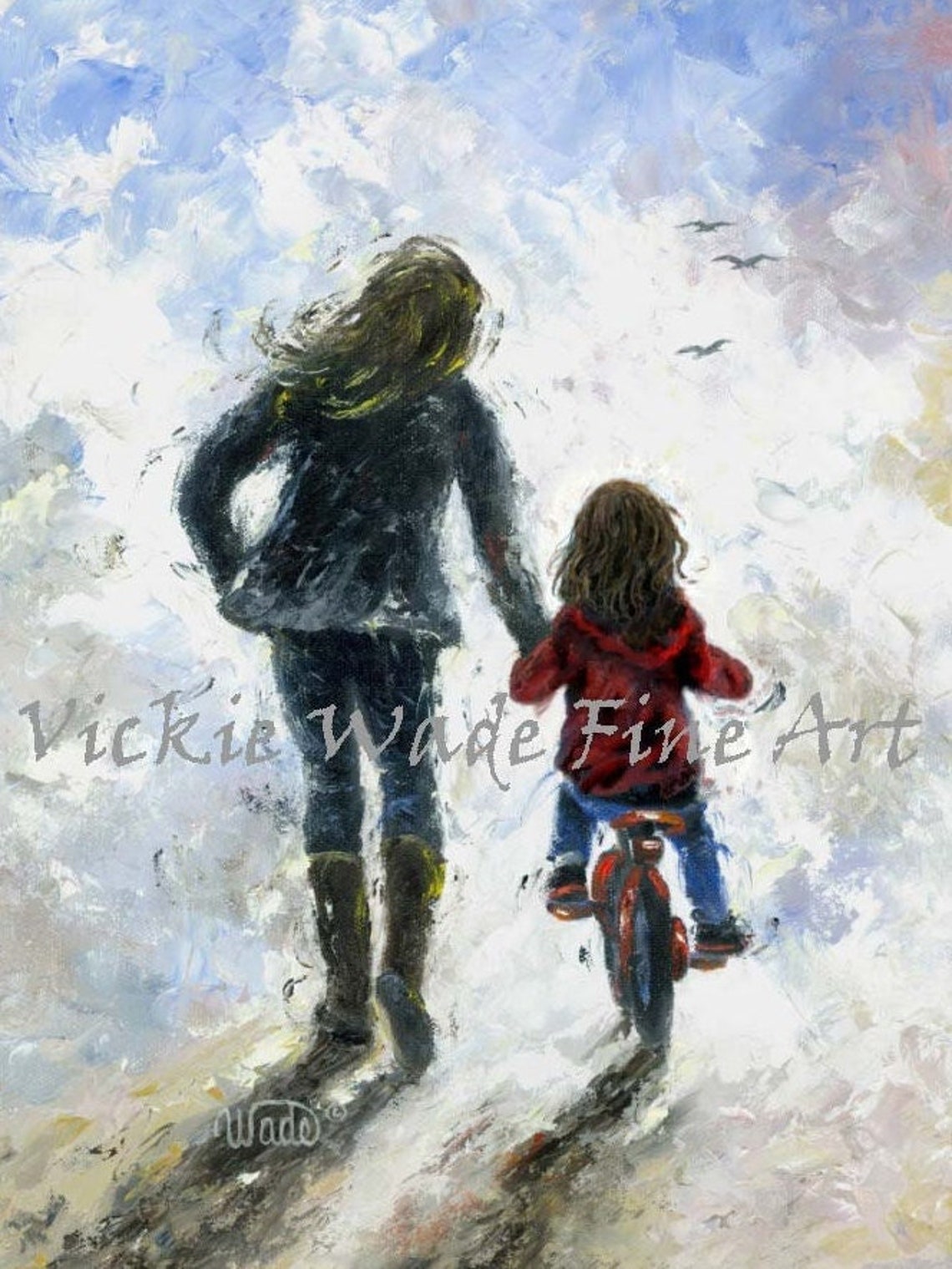 Mother And Daughter Art Print Girl Wall Art First Bike Ride Mom Girls Room Girl On Bike Wall Art Impressionist Vickie Wade Art