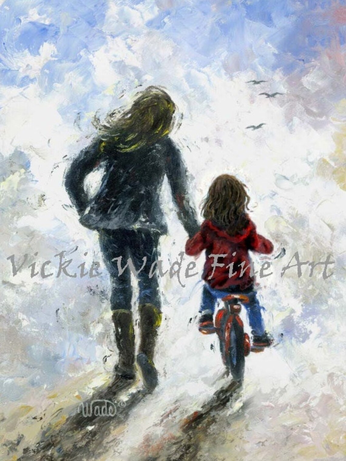 Mother Helping Her Little Daughter Learn to Ride a Bike Poster