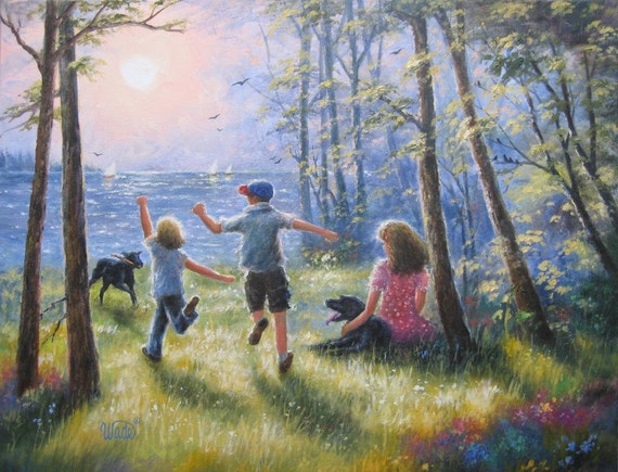 Children Playing Art Print Kids Summer Time Wall Art Three Children Lake Paintings Three Children Sisters Brother Vickie Wade Art