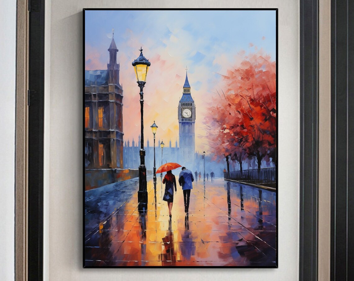 Evening London Promenade Big Ben Couple with Red Umbrella Poster