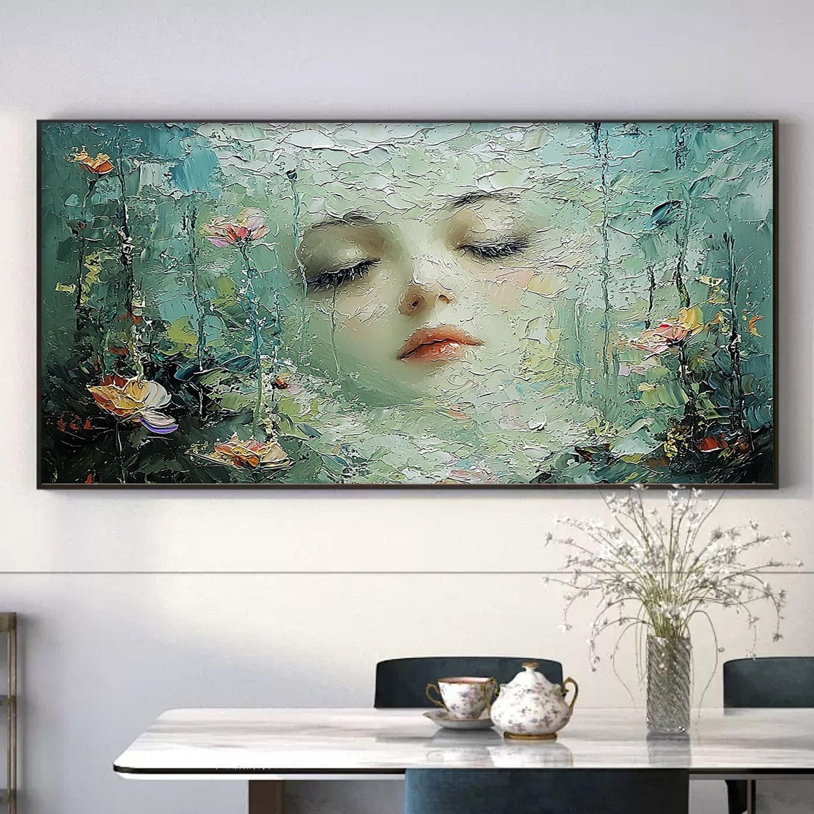 Sleeping Woman Face Emerging from Green Floral Texture Poster