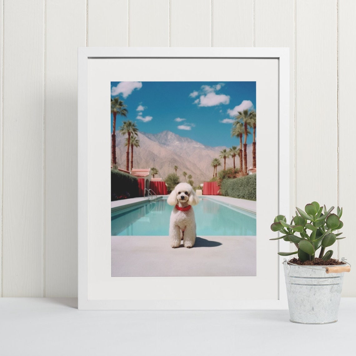 White Poodle Sitting Poolside with Desert Mountains Retro Poster