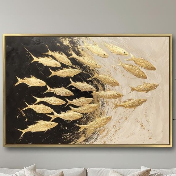 Abstract Gold Fish Framed Wall Art School Of Fish Painting Print Living Wall Room Decor Modern Ocean Artwork Ready To Hang Gift Idea