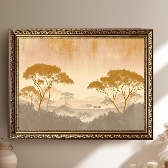 Golden Safari Landscape Canvas Wall Art Minimalist Elephant Silhouette Print African Nature Scene Decor For Modern Or Rustic Interiors