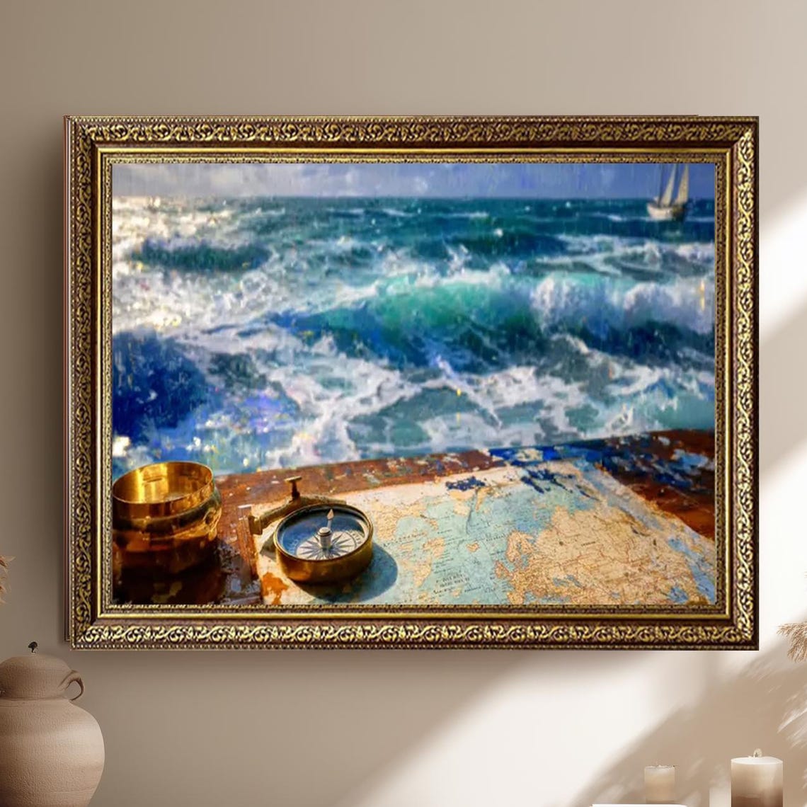 Rolling Ocean Waves With Brass Compass And Sea Map Nautical Poster