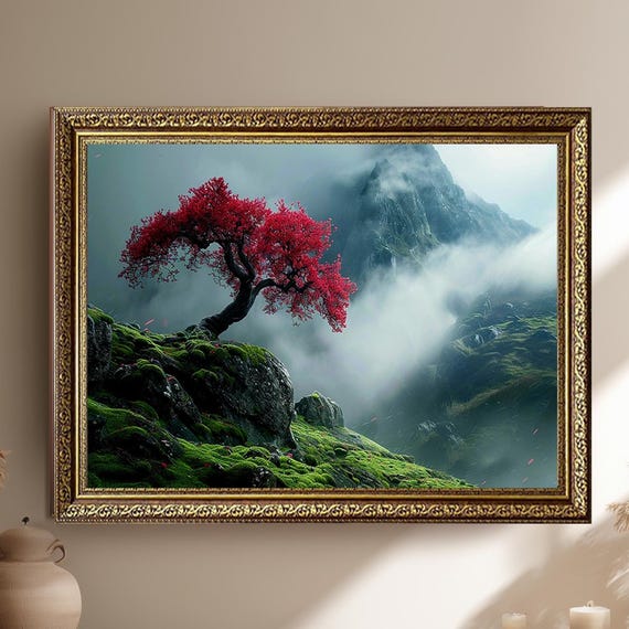 Red Tree On Misty Mountain Canvas Wall Art Dramatic Fantasy Nature Print Enchanted Landscape Artwork For Moody And Rustic Home Decor