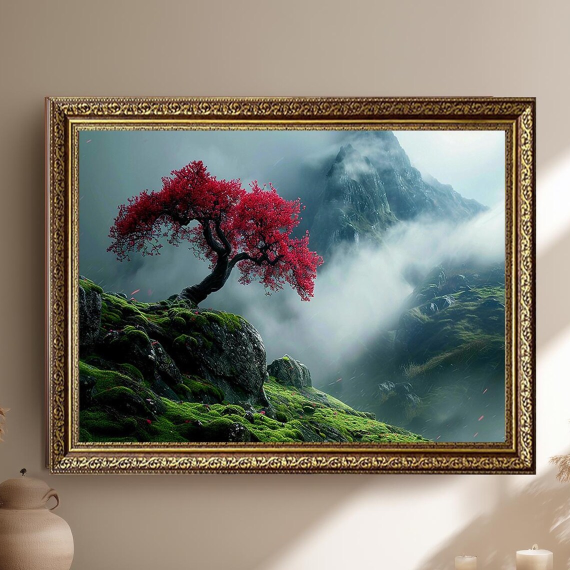 Crimson Red Tree Misty Mountain Fantasy Landscape Nature Art Poster