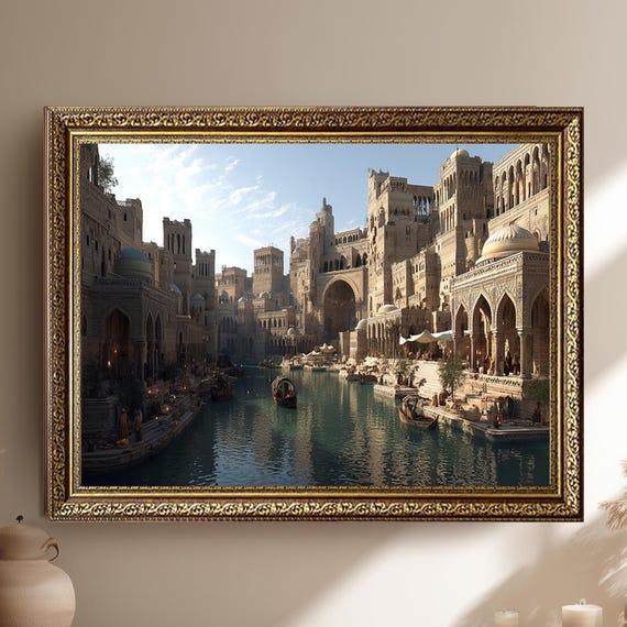 Oriental Canal City Wall Art Canvas Print Middle Eastern Water Market Scene Islamic Fantasy Architecture Artwork For Home Or Office Decor
