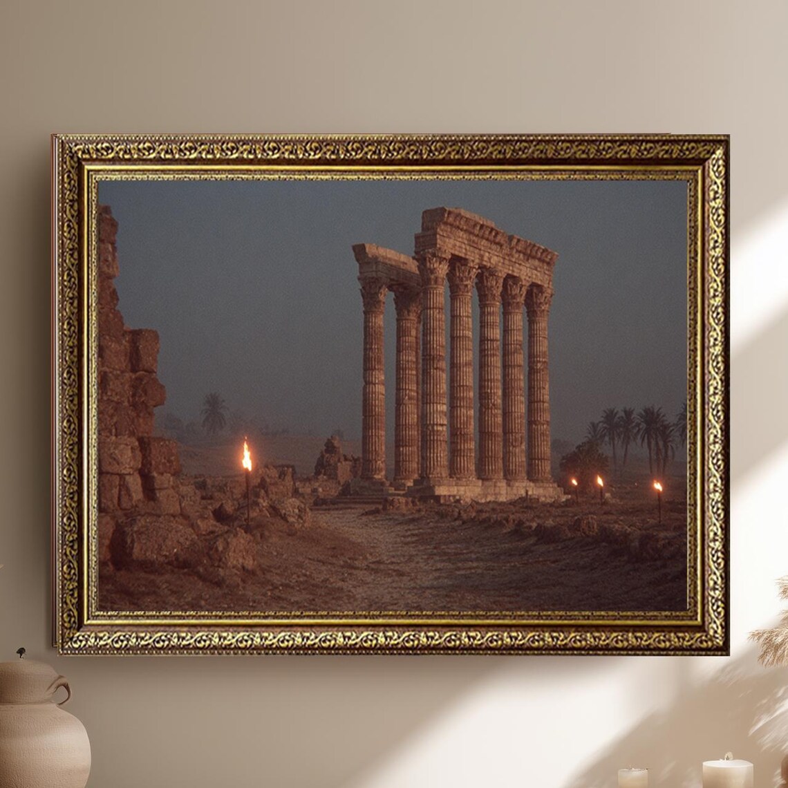 Ancient Greek Ruins Night Torches Temple Columns Painting Poster