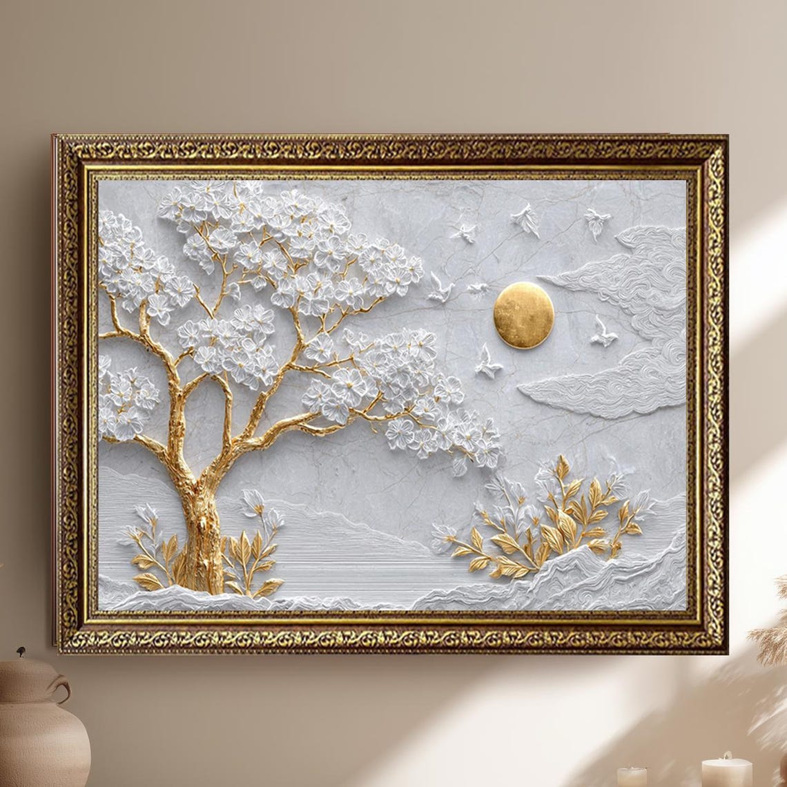 Golden Tree and Birds Luxury Marble Wall Poster, White Gold 3D