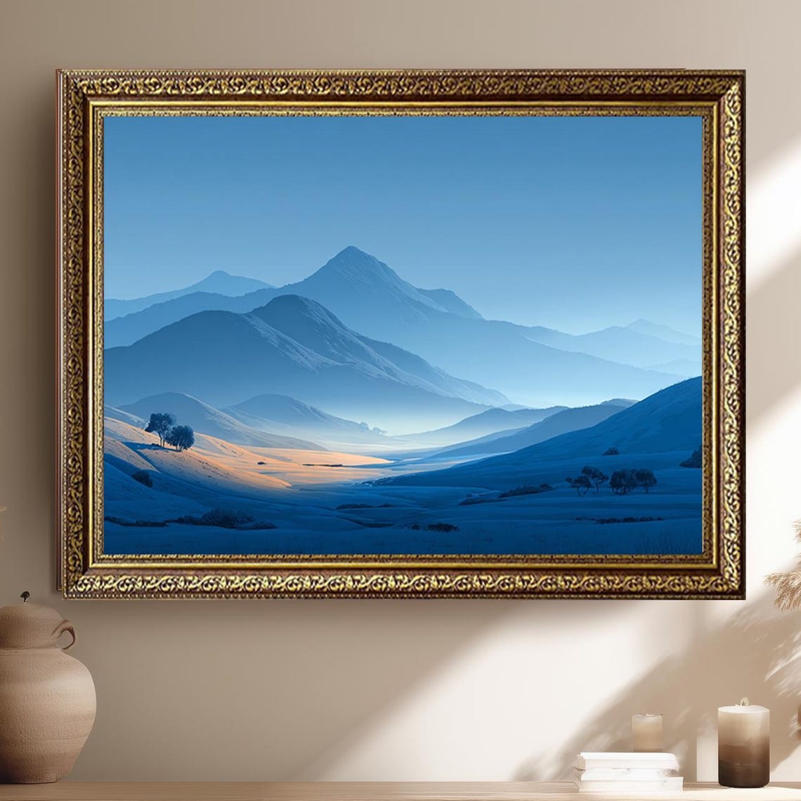 Blue Misty Mountain Valley Landscape Serene Dawn Morning Print