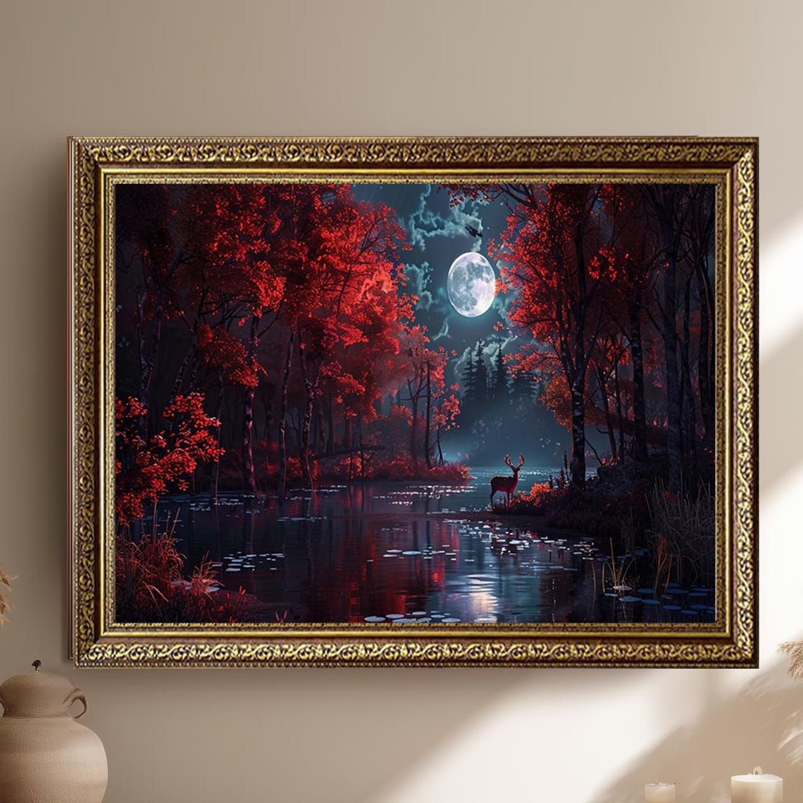 Moonlit Red Forest Deer Full Moon Enchanted Night Landscape Poster