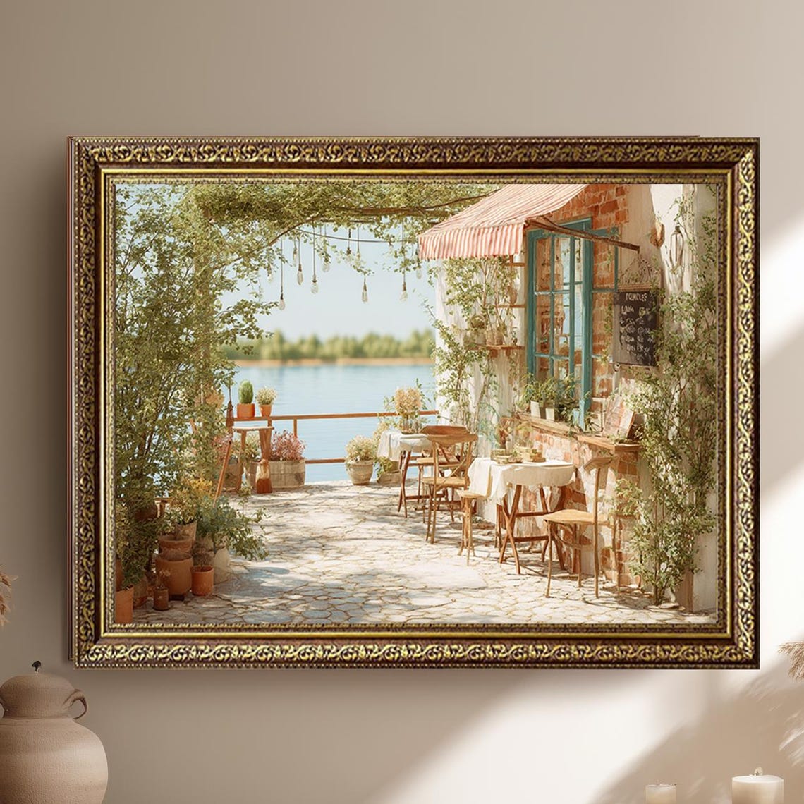 Sunlit Mediterranean Lakeside Cafe Terrace With Awning Poster
